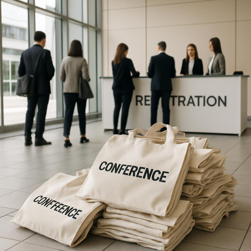 A conference registration area with a stack of canvas tote bags in the foreground, and four people at the registration des...