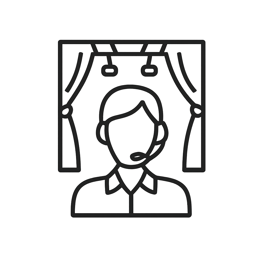 A simple, line-drawn icon depicting a head and shoulders with curtains behind it.