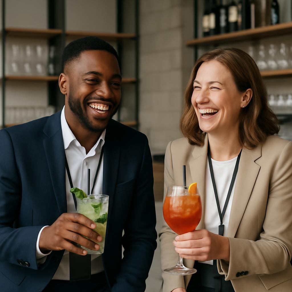 two event producers laughing in a bar holding two non-alcoholic drinks