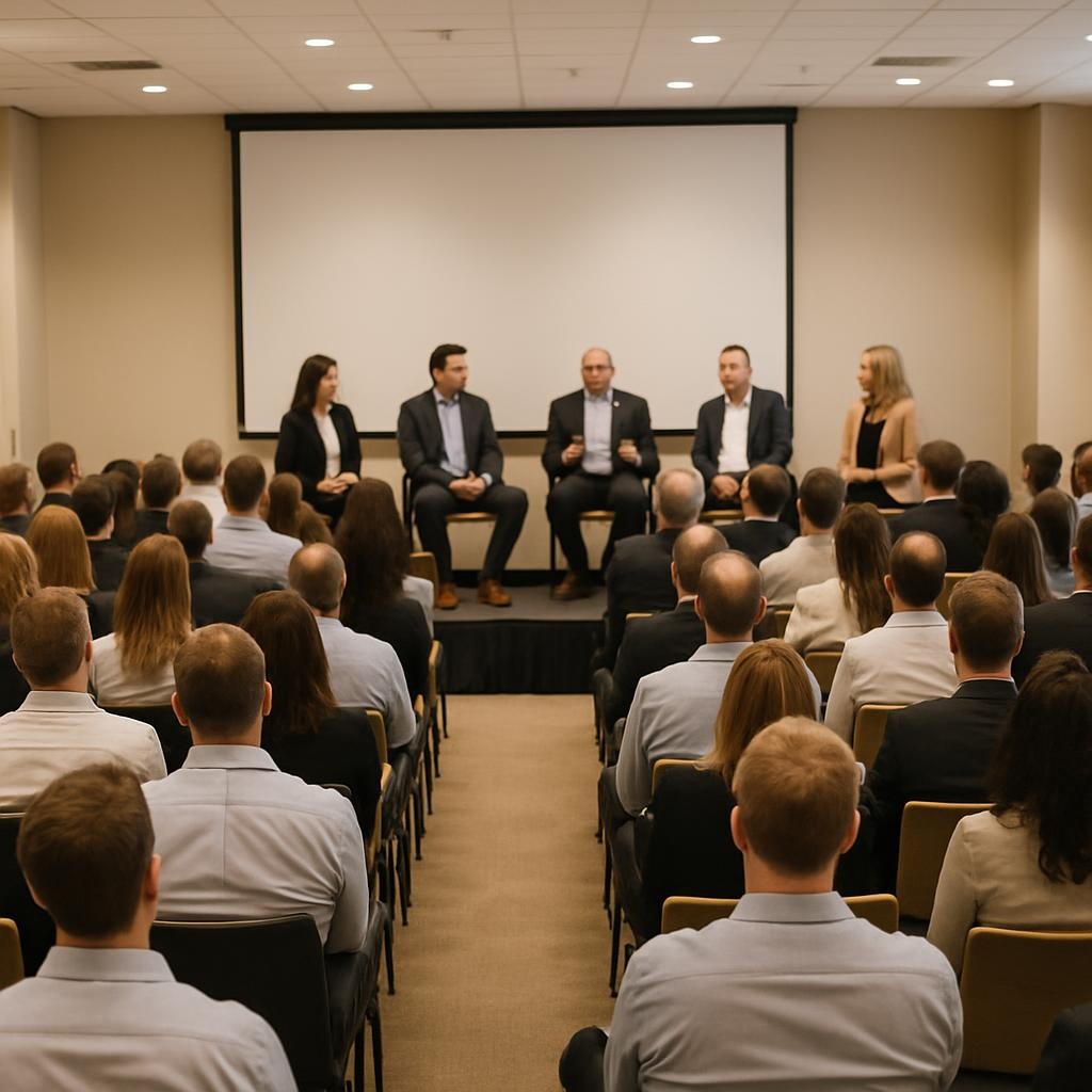 view from behind the audience at a small business event, focused on the stage and panel of speakers, warm and engaging atmosphere, approx 100 people